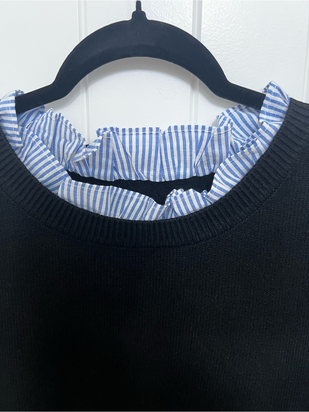 Cicy Bell Women's Black Sweater with Blue Striped Ruffle Trim - Picture 3 of 10